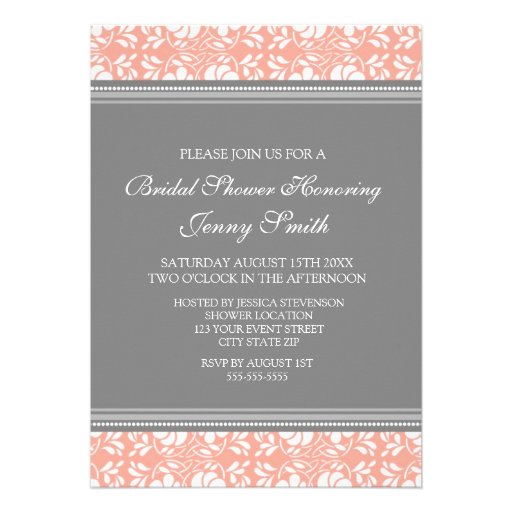 Coral Gray Damask Bridal Shower Invitation Cards