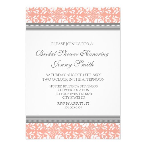 Coral Gray Damask Bridal Shower Invitation Cards
