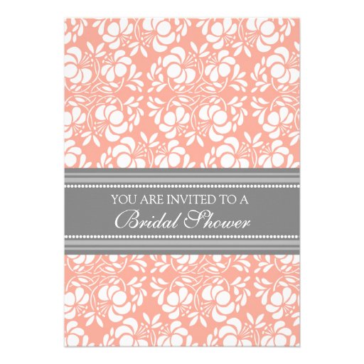 Coral Gray Damask Bridal Shower Invitation Cards