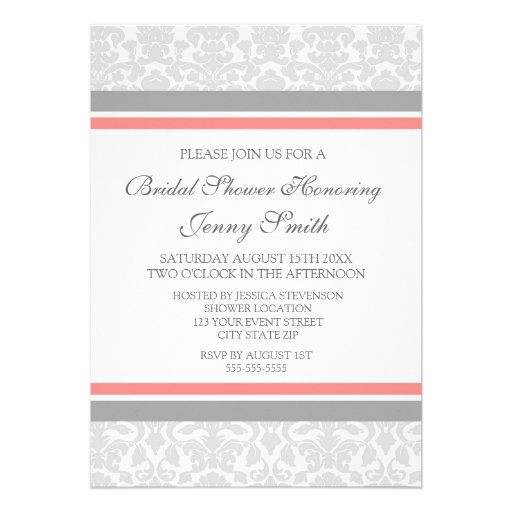 Coral Gray Damask Bridal Shower Invitation Cards