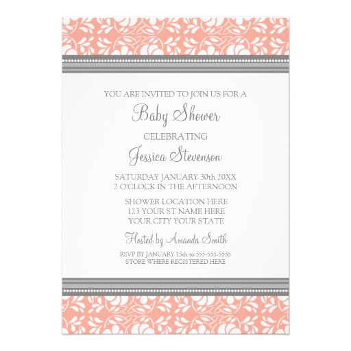 Coral Gray Damask Custom Baby Shower Invitations