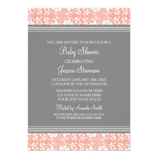 Coral Gray Damask Custom Baby Shower Invitations