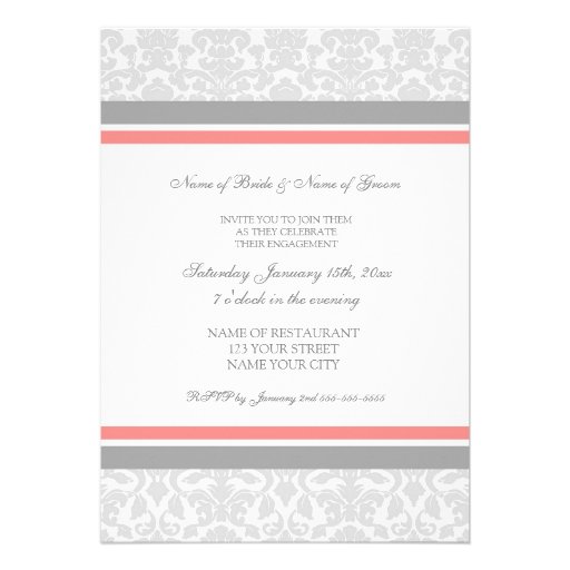 Coral Gray Damask Engagement Party Invitations