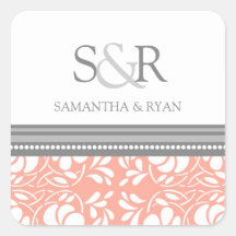 Coral Gray Damask Monogram Envelope Seal Square Sticker