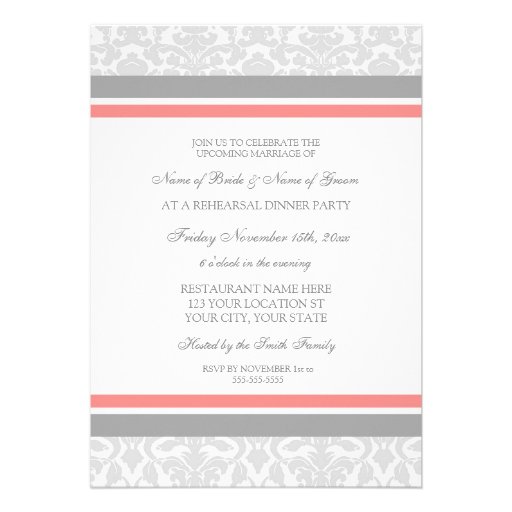 Coral Gray Damask Rehearsal Dinner Party Invite