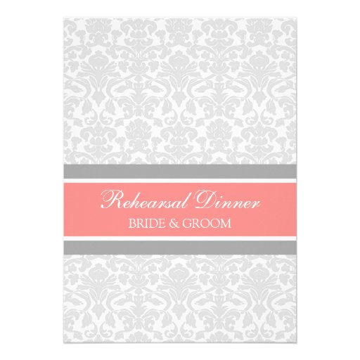 Coral Gray Damask Rehearsal Dinner Party Invite