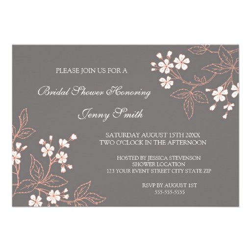 Coral Gray Floral Bridal Shower Invitation Cards