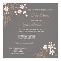 Coral Gray Floral Custom Baby Shower Invitations