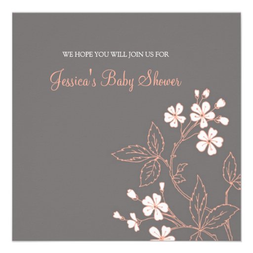 Coral Gray Floral Custom Baby Shower Invitations