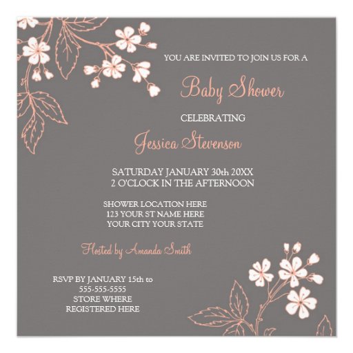 Coral Gray Floral Custom Baby Shower Invitations