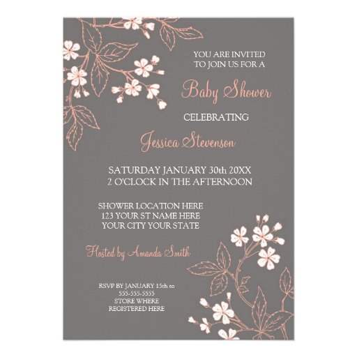 Coral Gray Floral Custom Baby Shower Invitations from Zazzle.com