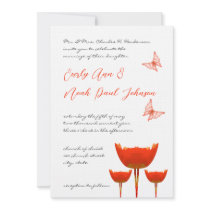 Coral & Gray Poppies Butterfly Wedding Invitation