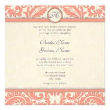 Coral & Gray Victorian Damask  Wedding Invitations