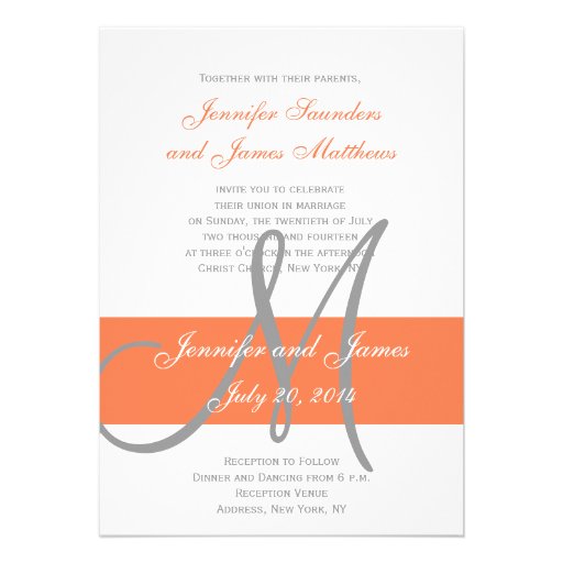 Coral Gray Wedding Invitation | Monogram Names