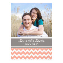Coral Grey Chevron Photo Wedding Save the Date Custom Invite