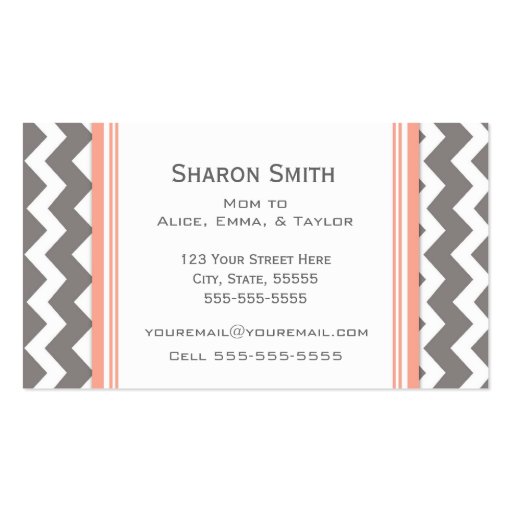 Coral Grey Chevron Retro Mom Calling Cards Business Cards (back side)