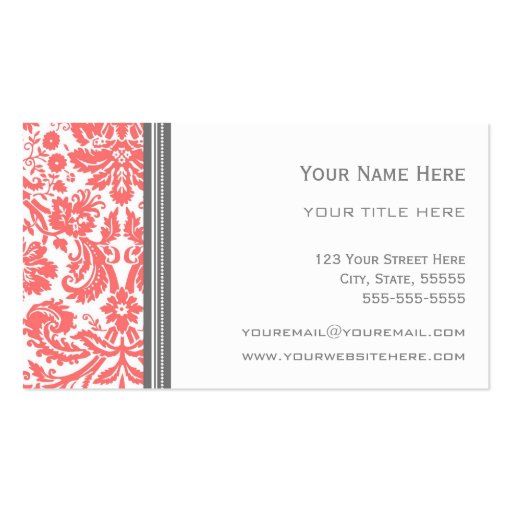 Coral Grey Damask Floral Business Cards (back side)