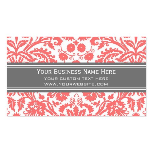 Coral Grey Damask Floral Business Cards (front side)