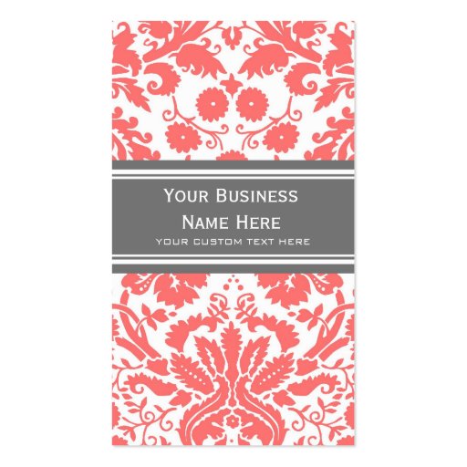 Coral Grey Damask Floral Business Cards (front side)