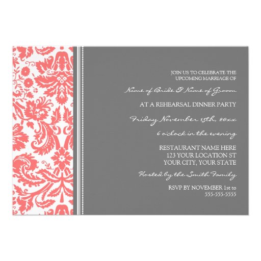 Coral Grey Damask Rehearsal Dinner Party Custom Invitation