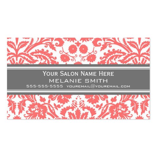 Coral Grey Damask Salon Appointment Cards Business Card Template (front side)