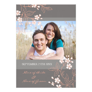 Coral Grey Floral Photo Wedding Invitation Cards