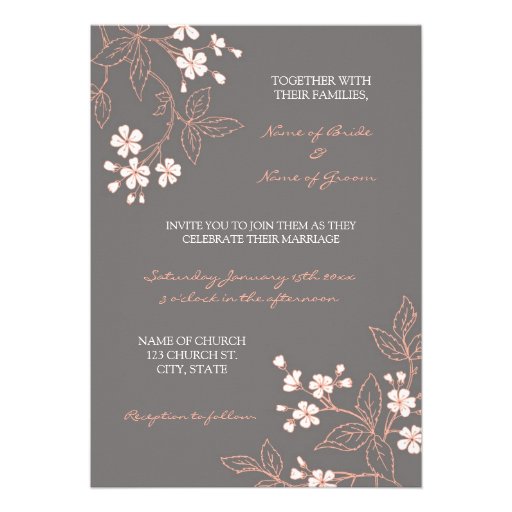Coral Grey Floral Photo Wedding Invitation Cards
