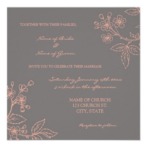 Coral Grey Floral Wedding Invitation Cards