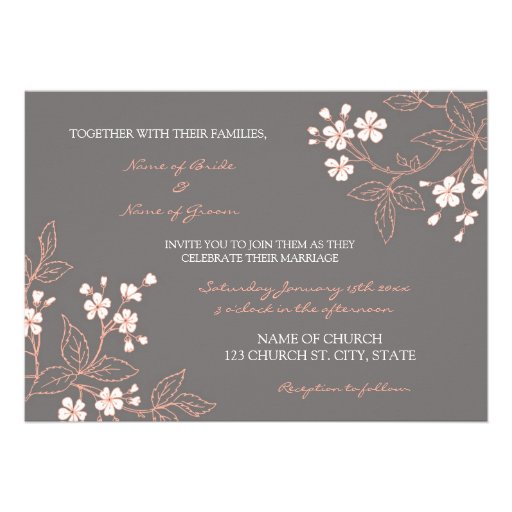 Coral Grey Floral Wedding Invitation Cards (front side)
