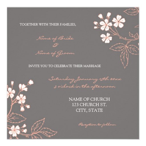 Coral Grey Floral Wedding Invitation Cards