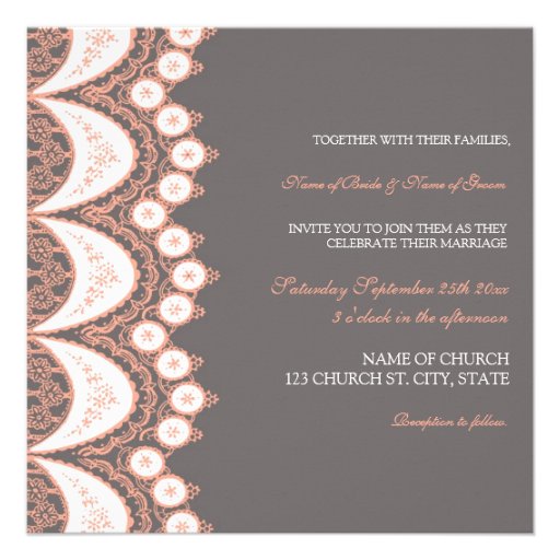Coral Grey Lace Pattern Wedding Invitation Cards