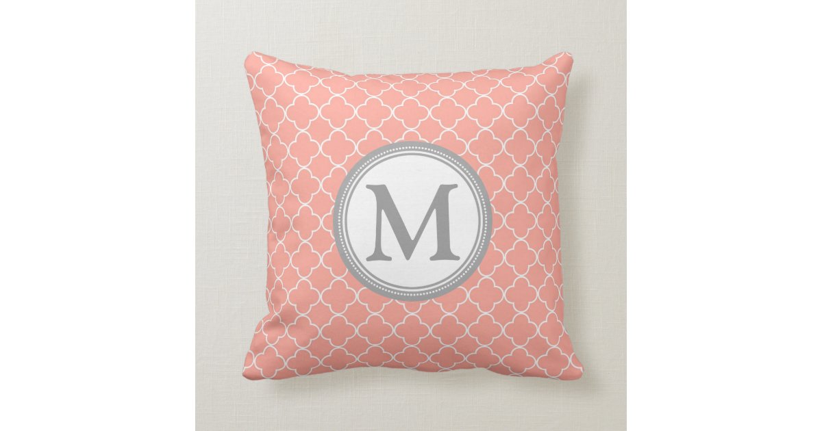 Coral Grey Quatrefoil Monogram Decorative Pillow Zazzle