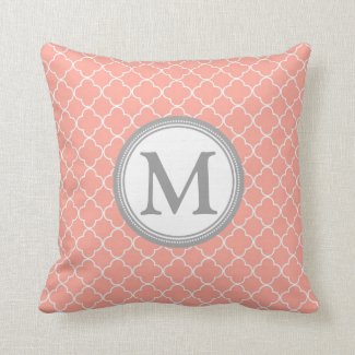 Coral Grey Quatrefoil Monogram Decorative Pillow