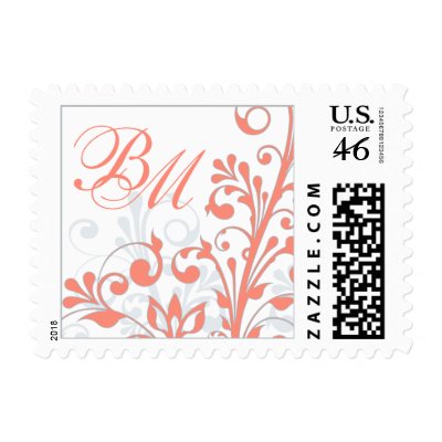 Coral, Grey, White Abstract Floral Wedding Postage
