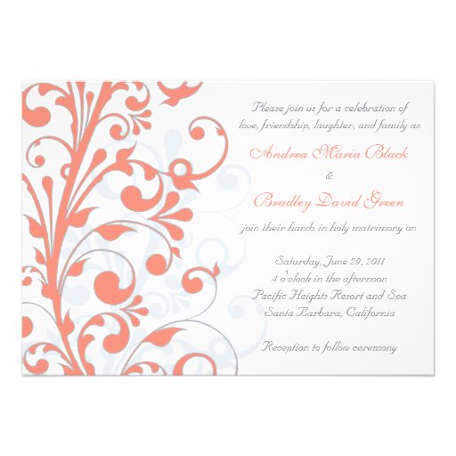 Coral, Grey, & White Floral Wedding Invitation (front side)