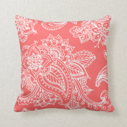 Coral Illustrated Bohemian Paisley Henna Throw Pillow