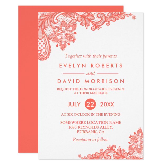 Coral Lace Floral Elegant Chic Wedding Invitation (front side)