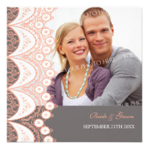 Coral Lace Pattern Photo Wedding Invitation Cards