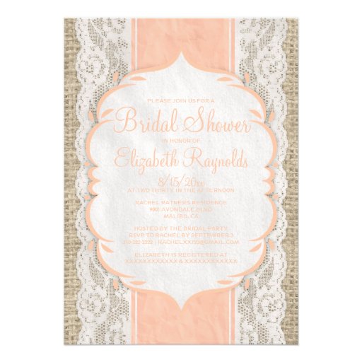 Coral Linen Burlap Lace Bridal Shower Invitations