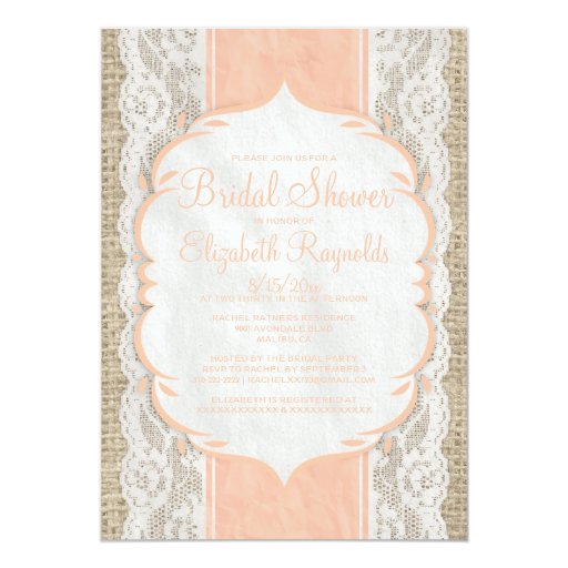 Coral Linen Burlap Lace Bridal Shower Invitations Zazzle