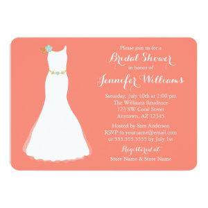 Coral Mint Floral Wedding Gown Bridal Shower 5x7 Paper Invitation Card