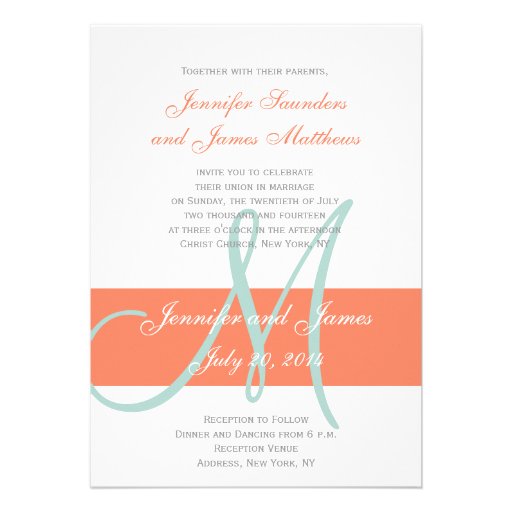 Coral Mint Green Monogram Names Simple Wedding Cards