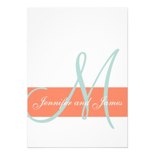 Coral Mint Green Monogram Names Simple Wedding Cards (front side)
