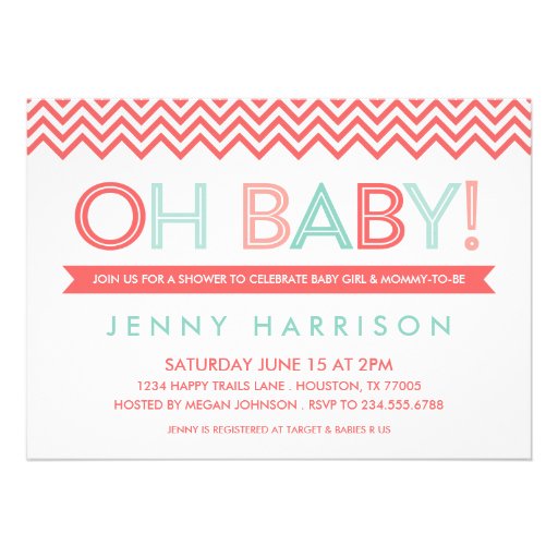 CORAL & MINT MODERN CHEVRON BABY SHOWER CARDS