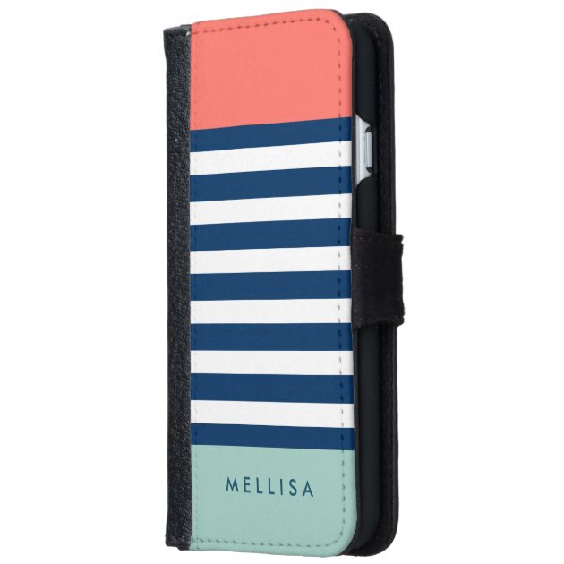 Coral Mint Navy White Stripes - Trendy Stylish iPhone 6 Wallet Case-1