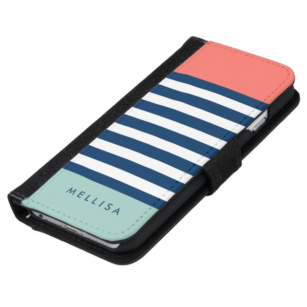 Coral Mint Navy White Stripes - Trendy Stylish iPhone 6 Wallet Case-5