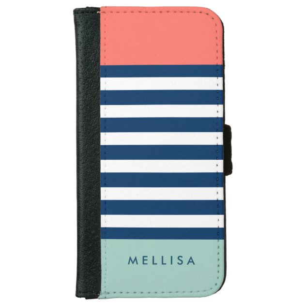 Coral Mint Navy White Stripes - Trendy Stylish iPhone 6 Wallet Case-0