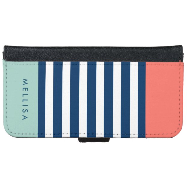 Coral Mint Navy White Stripes - Trendy Stylish iPhone 6 Wallet Case-4