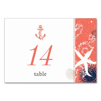 Coral n Navy Blue Nautical Wedding Table Numbers Card