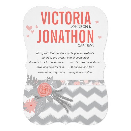 Coral Navy and Grey Zig Zag Typography Wedding Custom Invitation